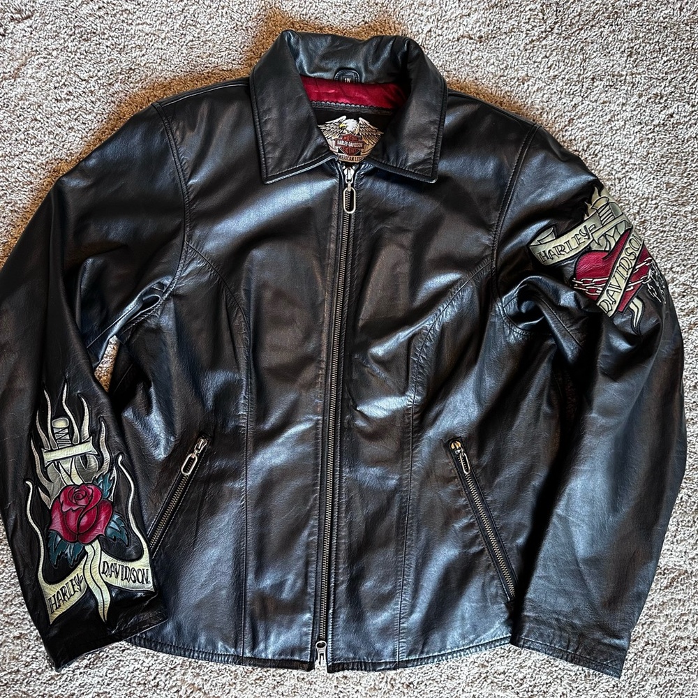 Harley Davidson Y2K Women’s 1W Genuine Leather Biker Embroidered Jacket 2004